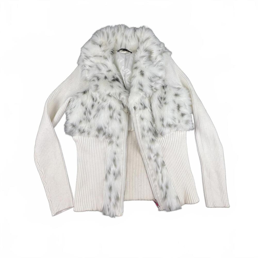 Boston Proper Faux Fur Zip Sweater Jacket – White Rib Knit – Size M